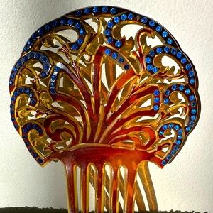 Antique Tortoise Shell Blue Rhinestone Hair Combs